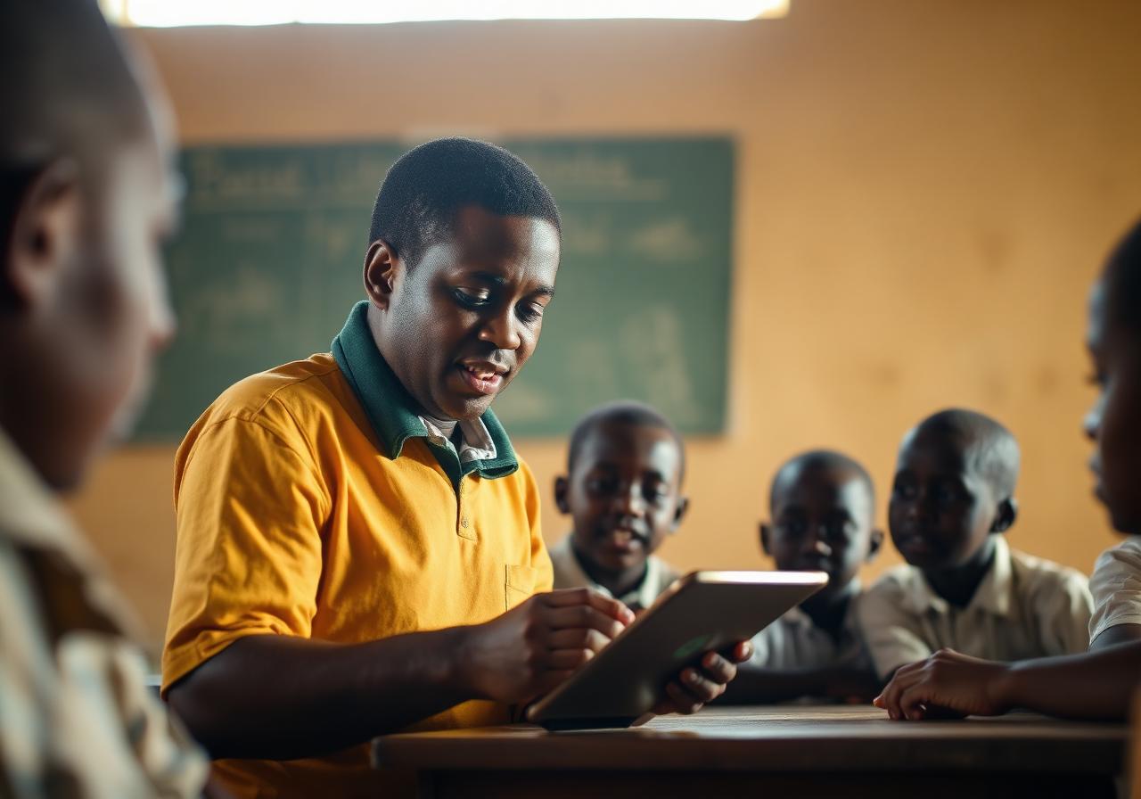 Enseignant tchadien utilisant une tablette numérique avec ses élèves
