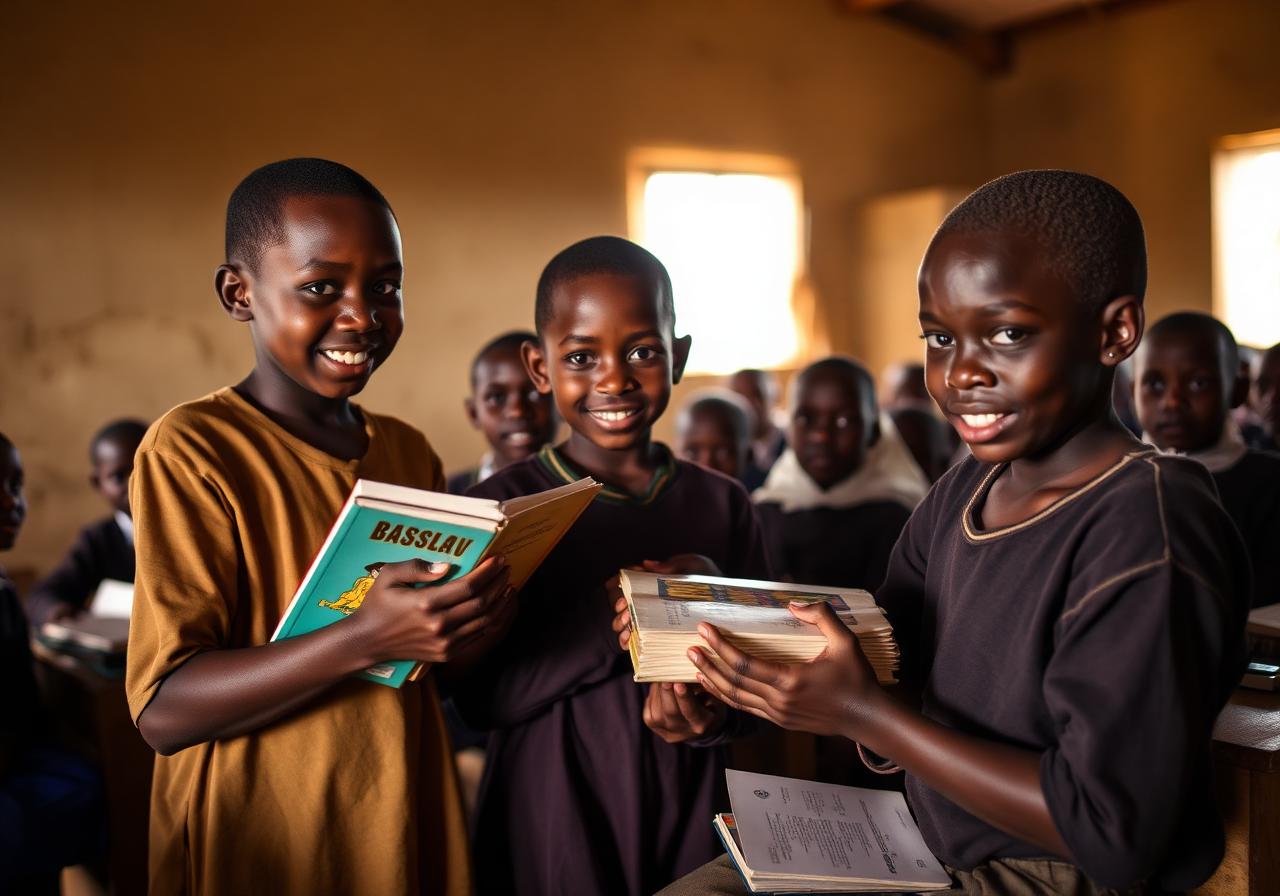 Distribution de manuels scolaires à des élèves d'une école primaire au Tchad